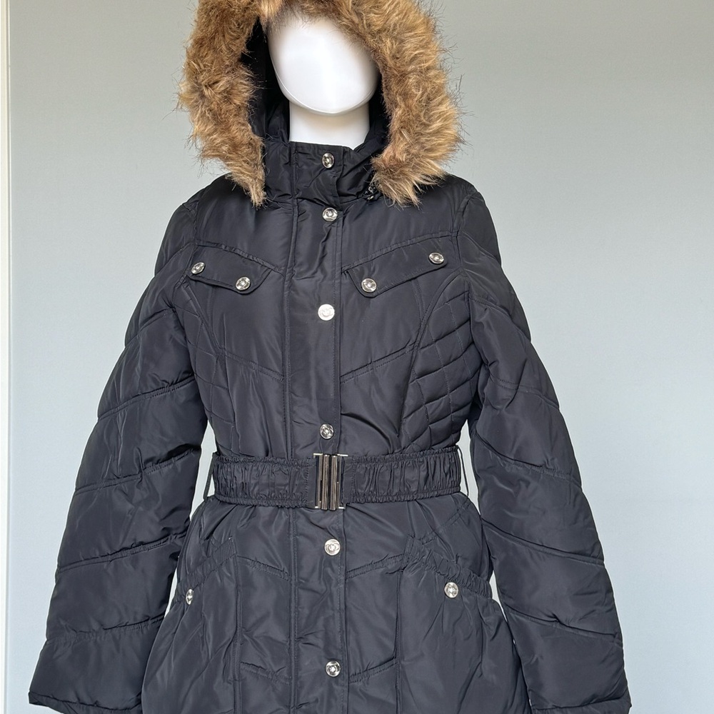 ROCAWEAR Black Quilted Puffer Coat with Faux Fur Hood